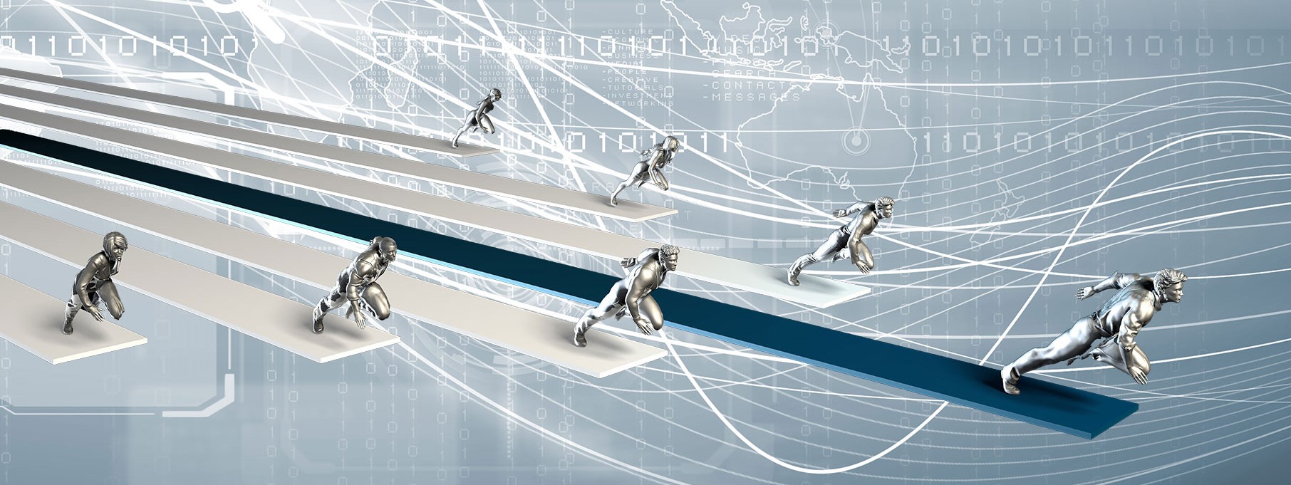 A cyber graphic showing silver figures racing with coding in the background.