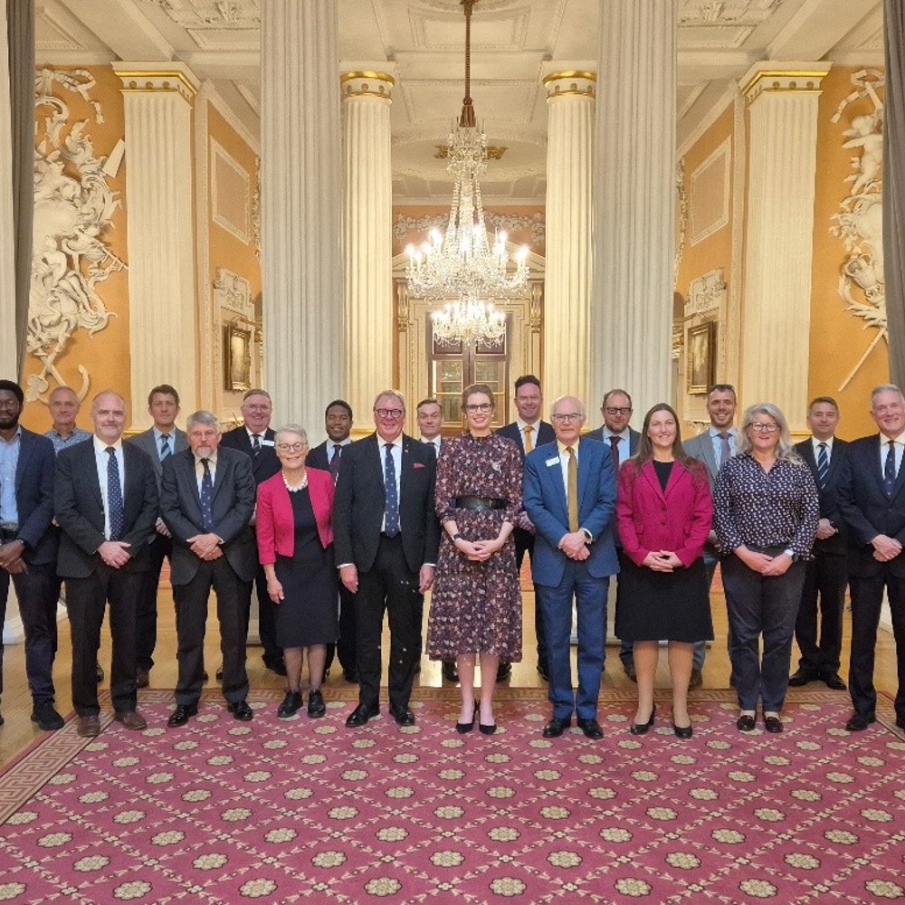 Group of formally dressed professionals standing in an ornate room with tall white columns and chandeliers.