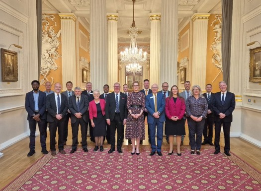 Group of formally dressed professionals standing in an ornate room with tall white columns and chandeliers.