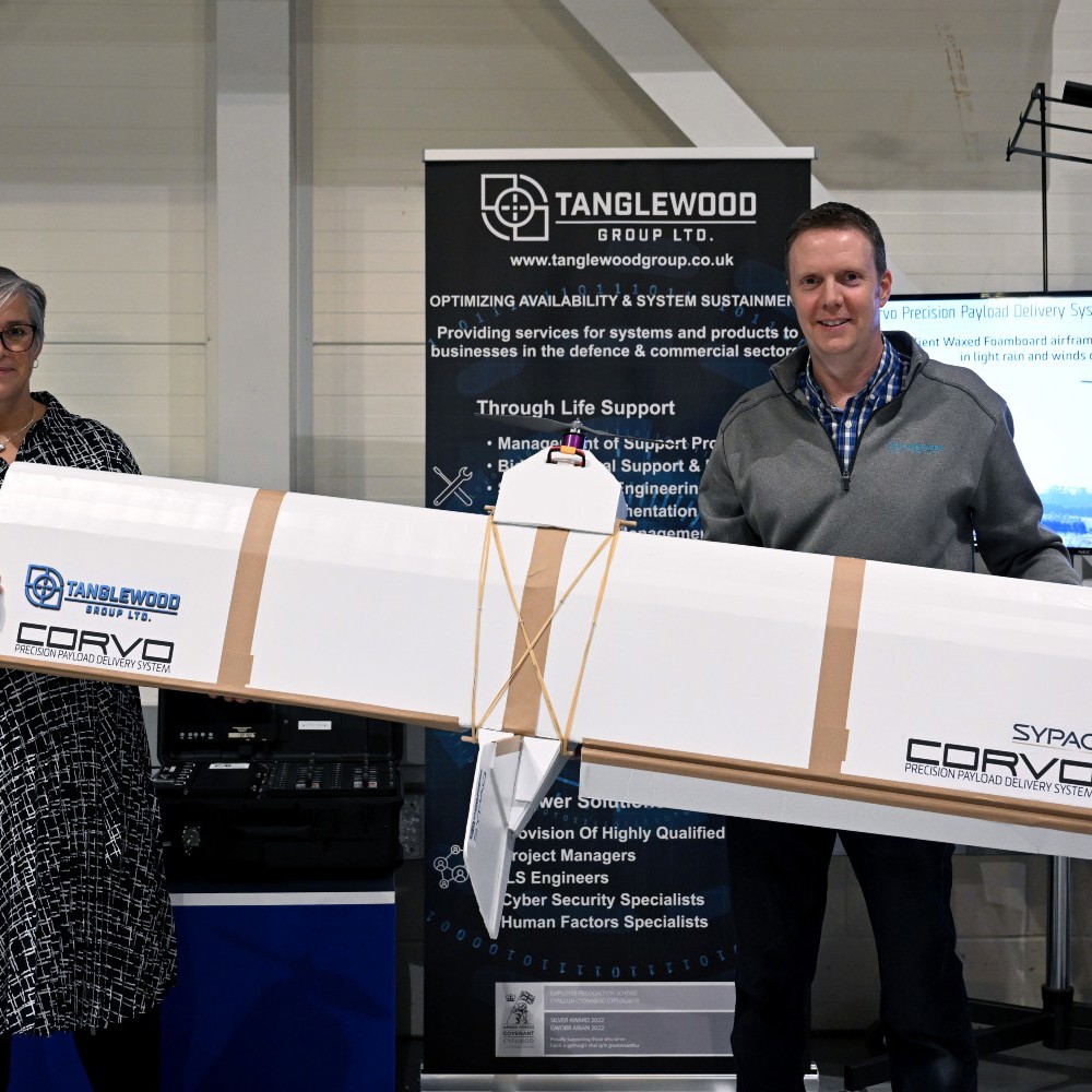 Sharon Brookes and Tanglewood Director Richard Glyn-Jones holding the Corvo drone.
