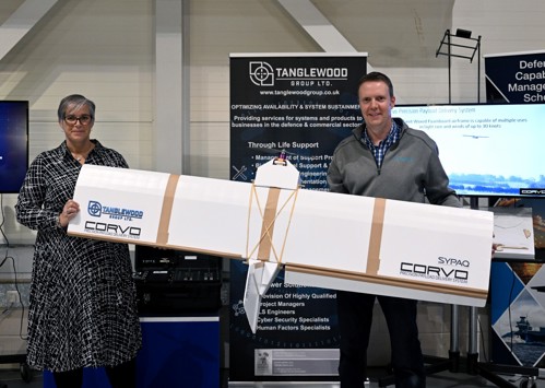 Sharon Brookes and Tanglewood Director Richard Glyn-Jones holding the Corvo drone.