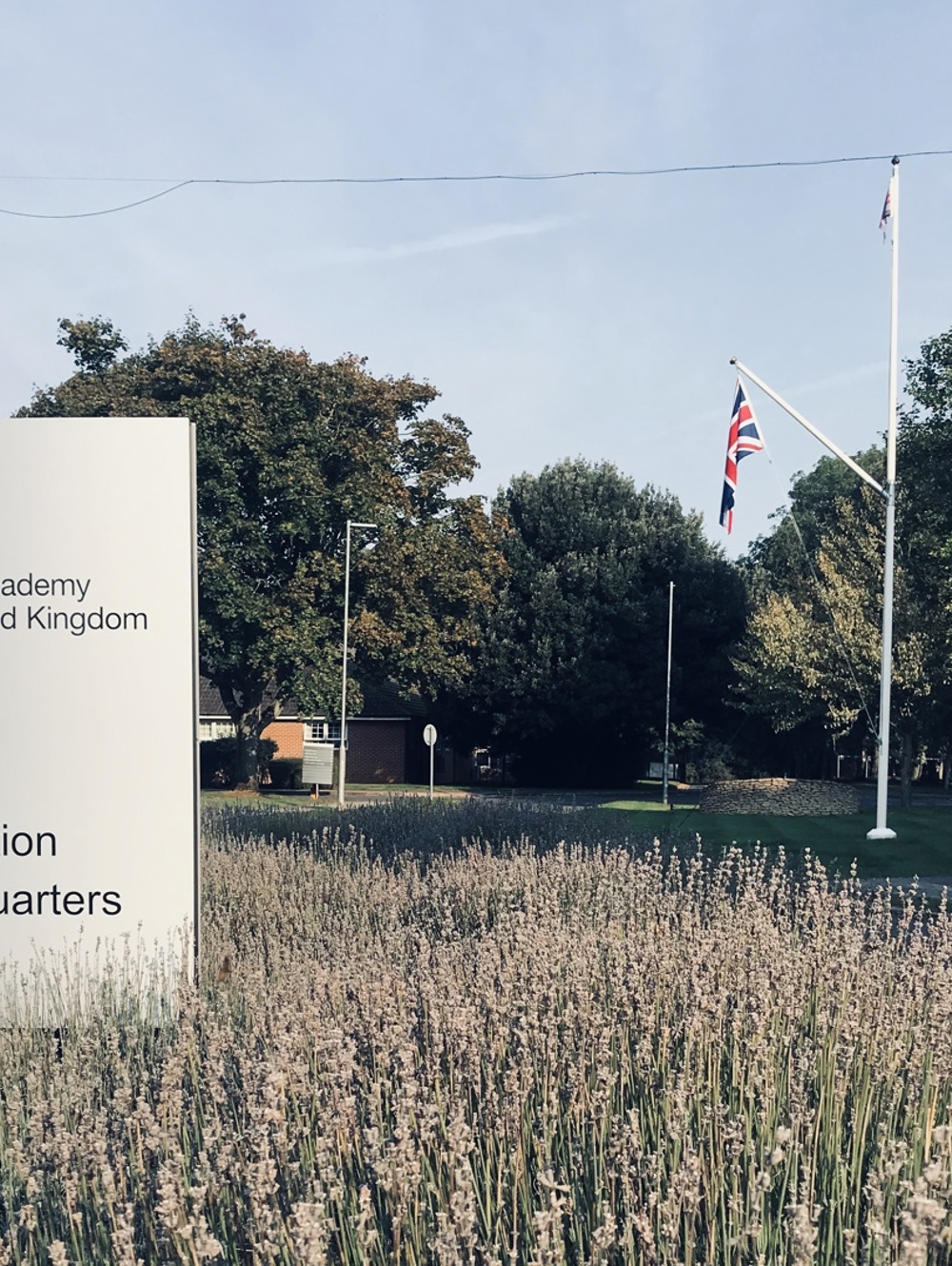 Outside Headquarters building showing signage with lavender in the foreground