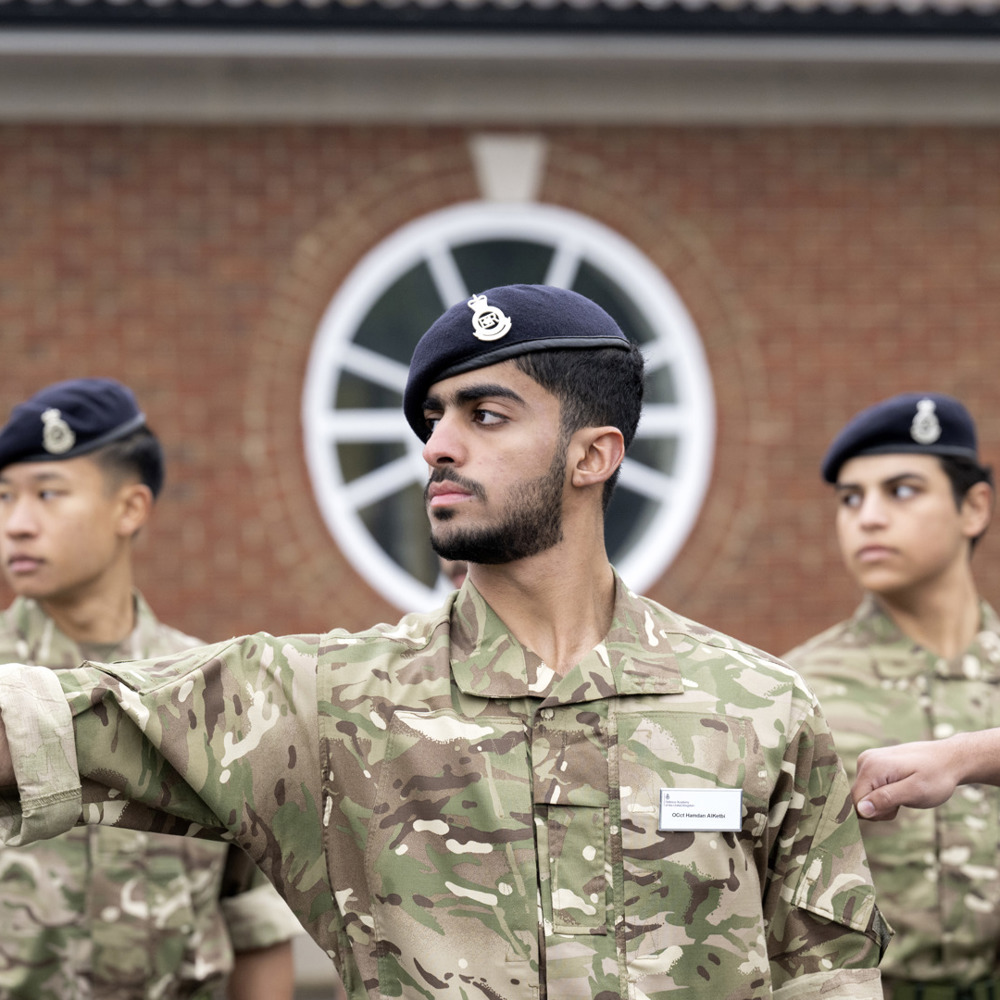 Officer Cadets on parade looking to the right. 