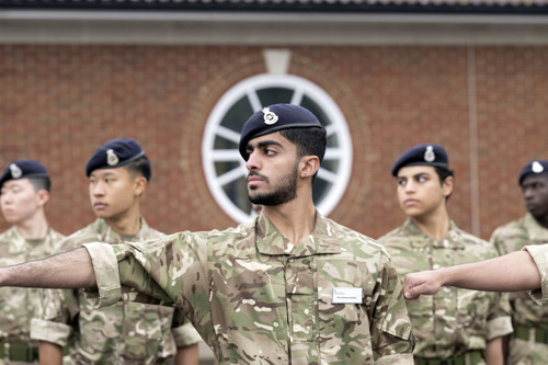 Officer Cadets on parade looking to the right. 