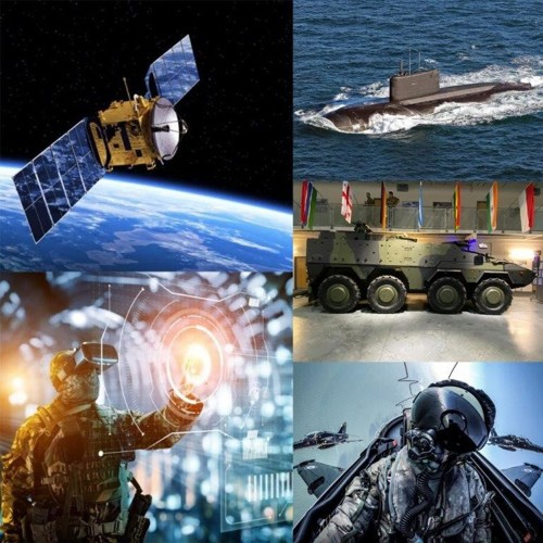 A satellite in space, a solider wearing a VR headset, a submarine, a tank and a pilot inside an aircraft. 