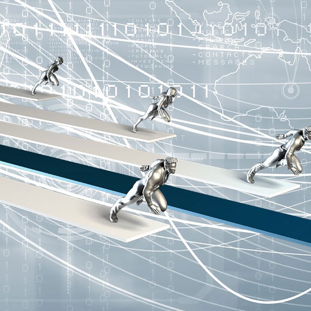 A cyber graphic showing silver figures racing with coding in the background.