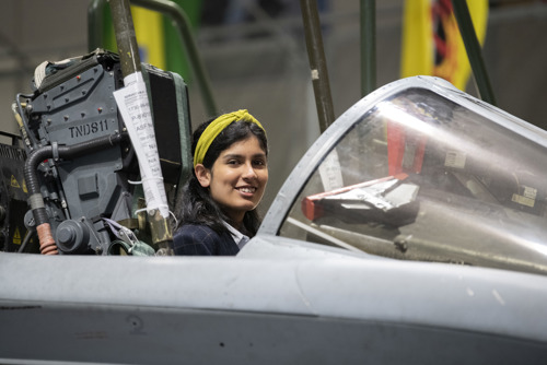 Young student sat inside Tornado aircraft